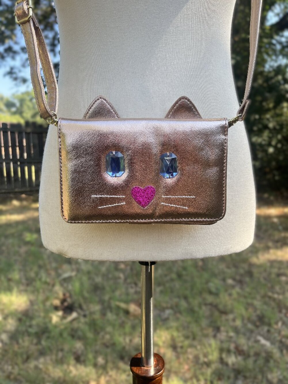 Luv Betsey Johnson Rose Gold Metallic Cat Crossbody Wallet on String Purse